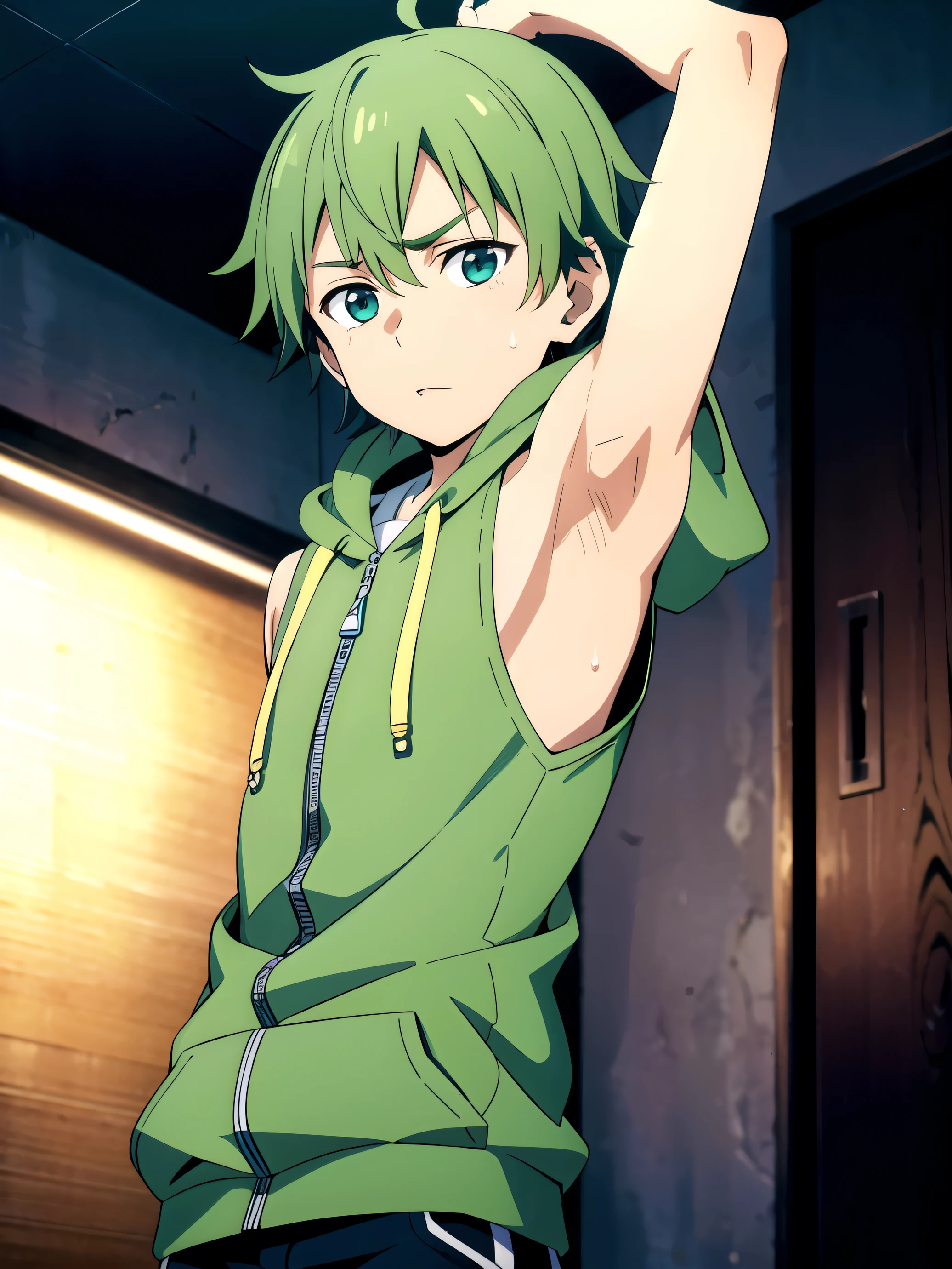 Highres, Masterpiece, Best quality at best,Best Quality,hight quality, hight detailed, 1boy, Shota, Green hoodie with cyan stripes, Wearing headset, The hoodie is sleeveless and has an open zipper, (very small and short stature), (very young boy), (very small and short body), 12-year-old boys, (Showing armpit:1.4), School, Sweat