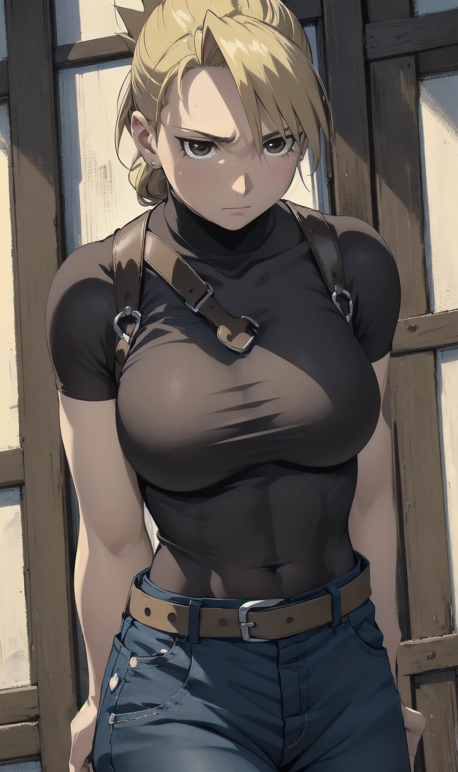 masterpiece, highest quality, High resolution, One Girl, Hamriz, ponytail、Brown eyes,big , Black Shirt, Tight shirt, holster, Short sleeve, belt, Covered navel, Blue pants,indoor、Upper body close-up、Muscular body、blush、Sweat、Composition from the front、anime、(((Close-up of a person、Look forward)))