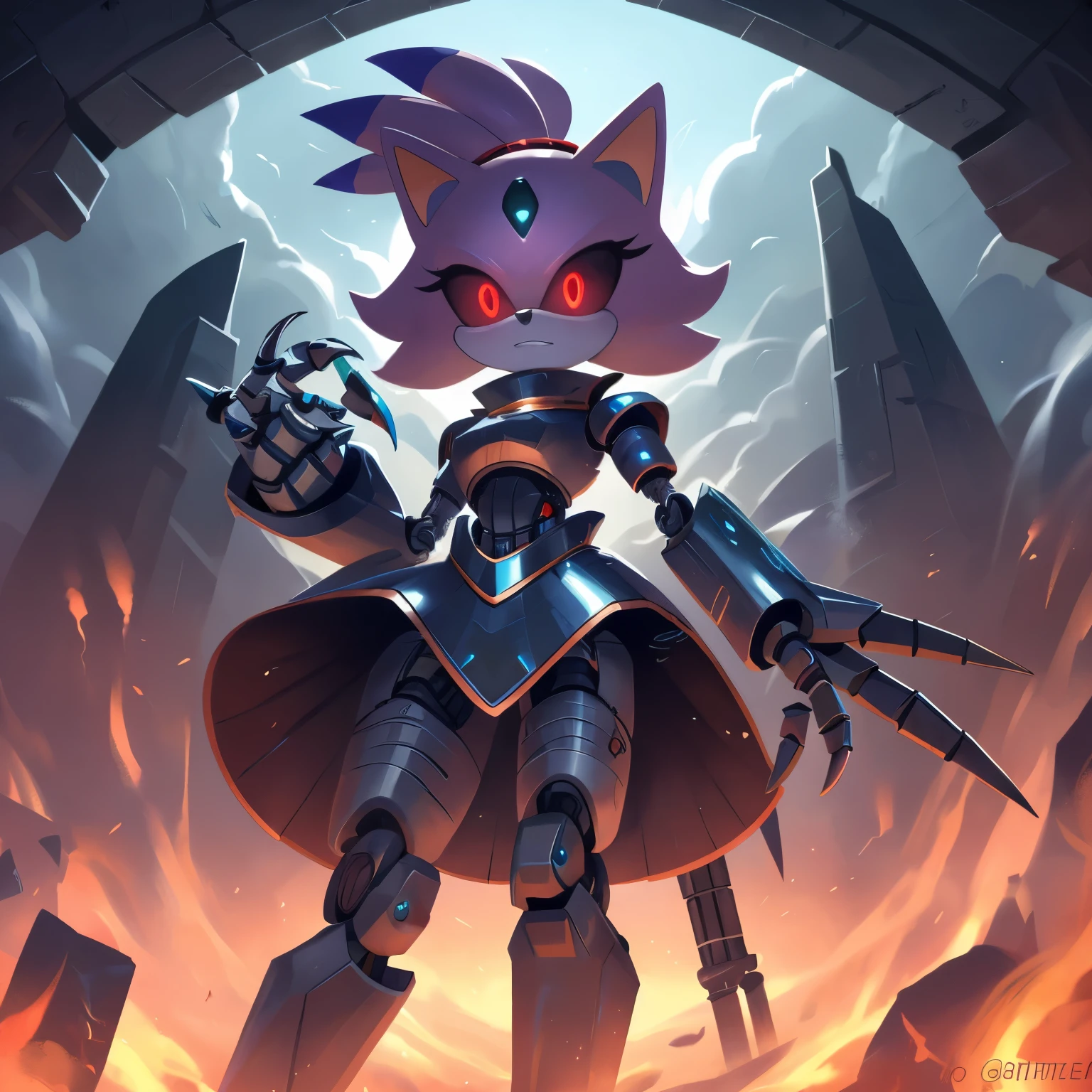 blaze the cat from sonic the hedgehog, glowing red eyes, wispy hair, pillars of smoke, made out of smoke, ghost-like, holding a small teal glowing metal square in her hand, malicious look, swirling cloudy misty background, creepy, stunning visual, robot, mechanical parts, black sclera, red eyes, robot joints, metal claws, robot girl, mecha, detached limbs, detached arms, detached legs, mechanical parts, android, 1girl, metal skin, shiny skin, metal clothes, armored dress
