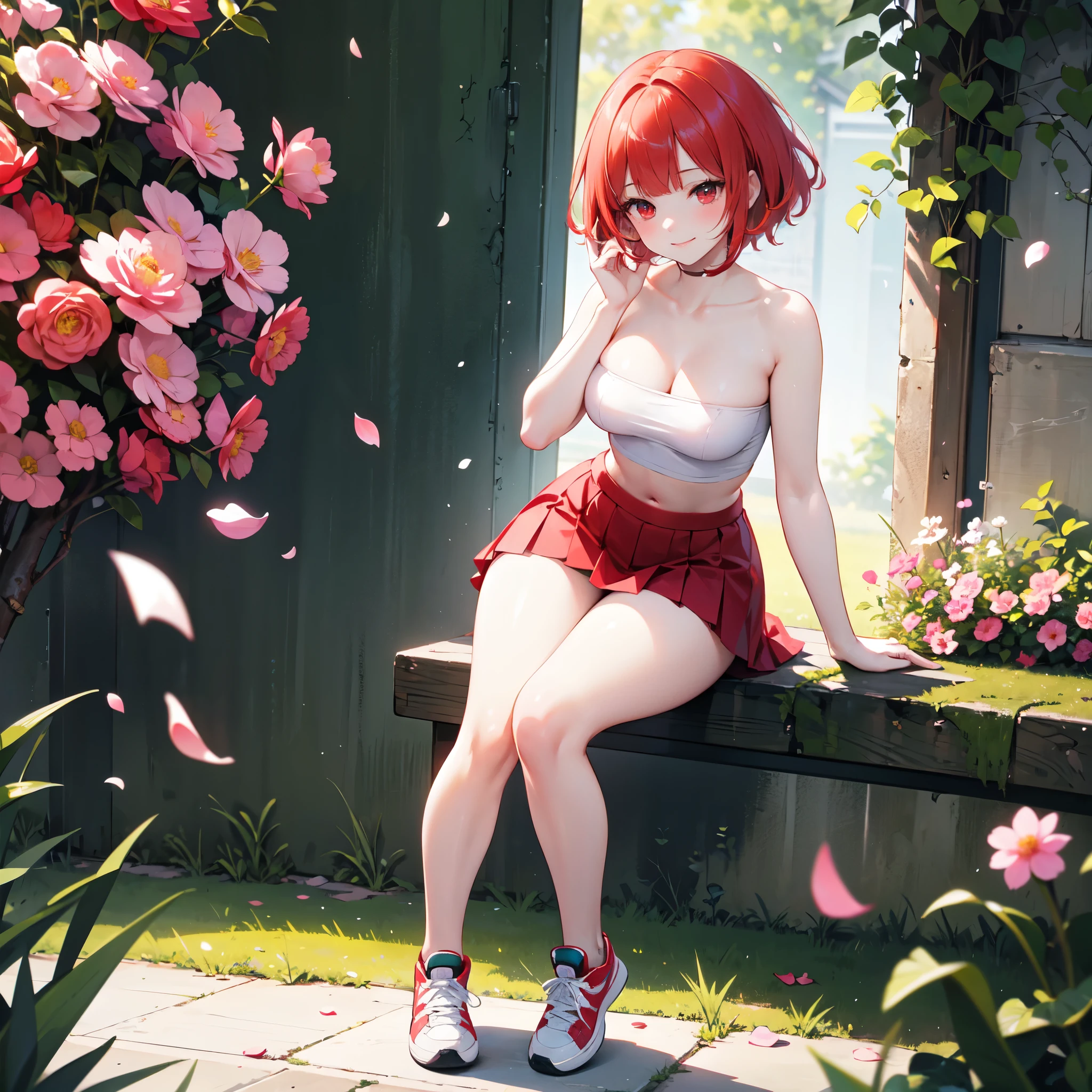 realistic image, detailed image, coherent image, 1 beautiful girl, she has shoulder length hair with blunt bangs, red hair, red eyes, smiling expression. She is wearing a strapless top, showing her navel, a thin thong, a pleated miniskirt, sneakers, She has a curvy body, small breasts and thick thighs, She is crawling, arching her back, doggy style, background of an urban park, surrounded by flowers, flower petals falling around, Soft focus, full body view, Dramatic shadows, Volumetric lighting, natural lighting,arima_kana, short hair
