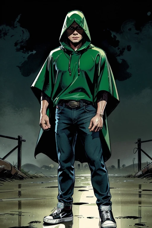 Man in Hooded poncho poncho poncho Closed Closed poncho poncho poncho Raincoat Color: Green and darkened face cap and jeans and converse sneakers Heroic Presence Serious and strong pose Rolled-up sleeves