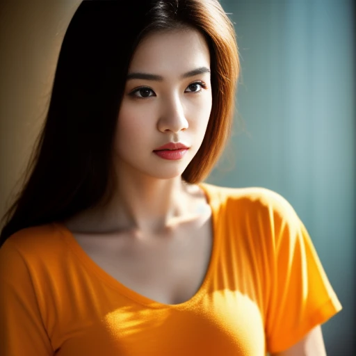 Beautiful Thai woman, 25 years old, with a clearly focused face., His long hair flowed up.,Chest 36 inches, dark orange t-shirt, Various postures, Looking straight at you intently, with red flowers, ชนบทท้องฟ้ากลางคืนสว่างWarm light,) Warm light,)  professional lighting, Sony A7R4, 50mm sessile lens. Warm light ถ่ายด้วยกล้องคุณภาพสูง 45,000,000,000,Pixels, realistic light colors,