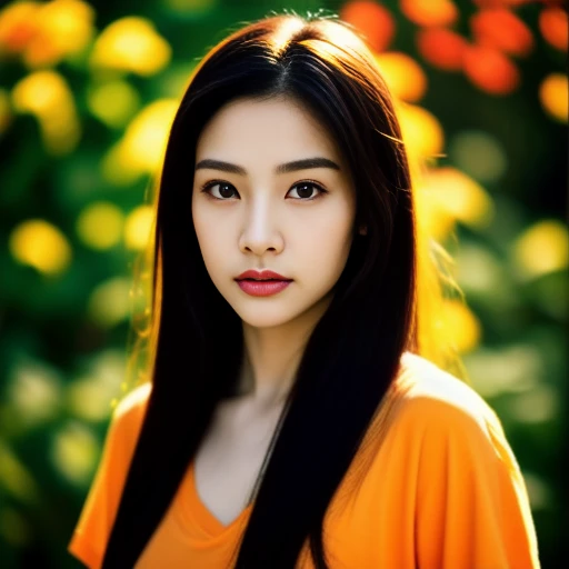 Beautiful Thai woman, 25 years old, with a clearly focused face., His long hair flowed up.,Chest 36 inches, dark orange t-shirt, Various postures, Looking straight at you intently, with red flowers, ชนบทท้องฟ้ากลางคืนสว่างWarm light,) Warm light,) professional lighting, Sony A7R4, 50mm sessile lens. Warm light ถ่ายด้วยกล้องคุณภาพสูง 45,000,000,000,Pixels, realistic light colors,
