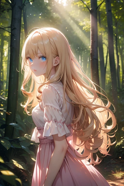 (8k), (masterpiece), (best quality), (super details), (award winning), (realistic), lens flare, glowing light, woman in a pink dress standing in the woods, (photography), modeling shoot, beautiful girl, (beautiful face:0.8), slender blonde girl, fashion photography portrait, pale skin curly blond hair