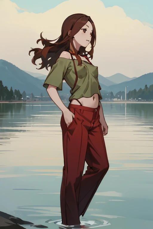 Lake Izu,((highest quality)), ((masterpiece)), (be familiar with),{{nsfw}},One female,Long Hair, Brown Hair, Brown eyes, Green Shirt,(Small breasts), Hair on one eye, Off the shoulder, Exposing shoulders,((Erect nipples)),Red pants,pubic hair