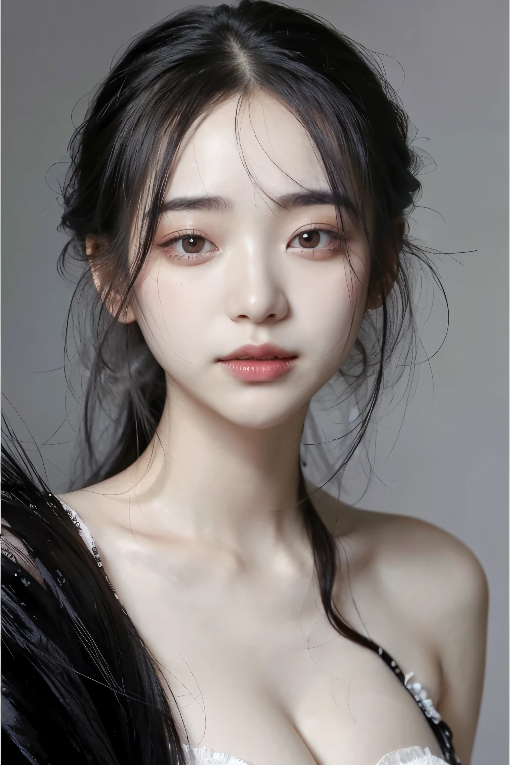 Close-up of a woman with long black hair, Popular cosmetics among South Koreans, pastel pink skin, Popular Korean makeup