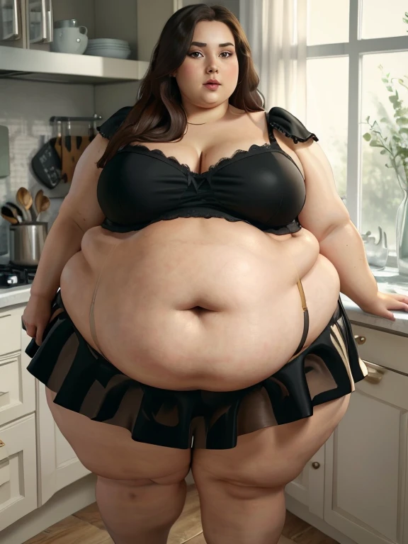 Beautiful woman, detailed face, photorealistic , masterpiece, pretty eyes, looking at viewer, Lingerie, Skirt, Kitchen, ((FAT BBW, big Chubby Belly, massive legs)), Huge thighs
