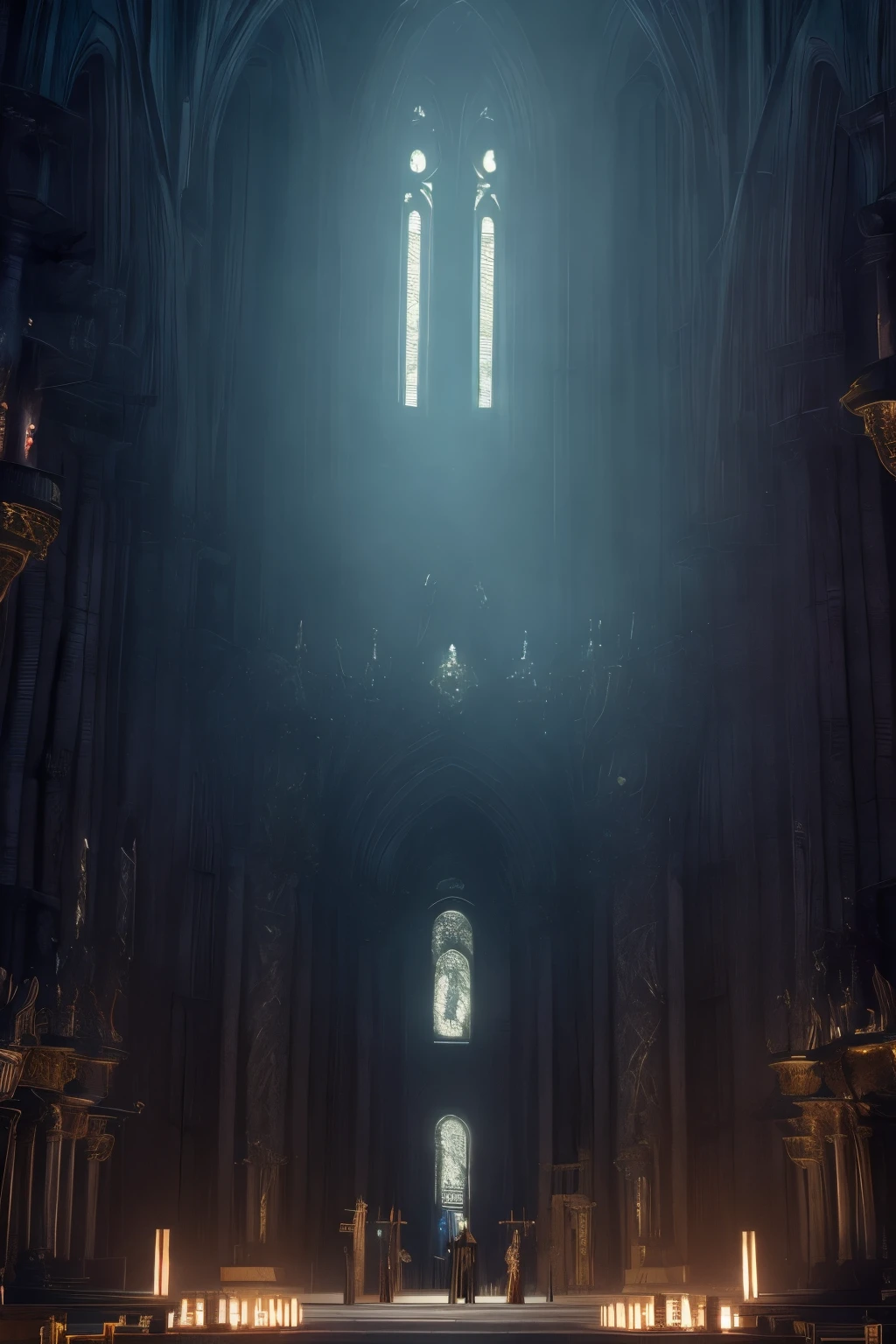 (best quality,4k,8K,high resolution,masterpiece:1.2),Dark Fantasy,Dark Souls-like atmosphere,Dynamic combat boss battles,Delicate atmosphere,Scene in the moonlight,Two swords,grim atmosphere,cathedral,refuge,Inside the temple,altar