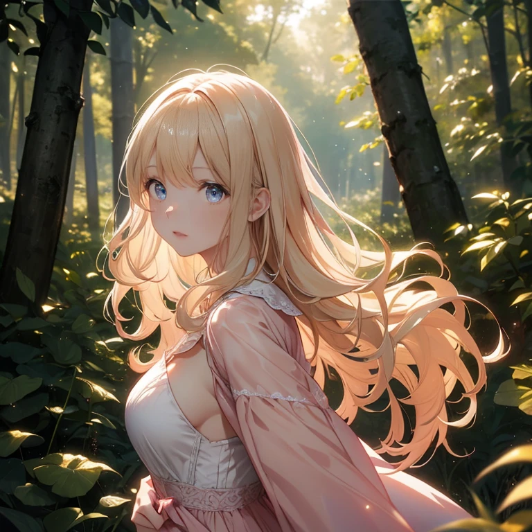 (8k), (masterpiece), (best quality), (super details), (award winning), (realistic), lens flare, glowing light, woman in a pink dress standing in the woods, (photography), modeling shoot, beautiful girl, (beautiful face:0.8), slender blonde girl, fashion photography portrait, pale skin curly blond hair