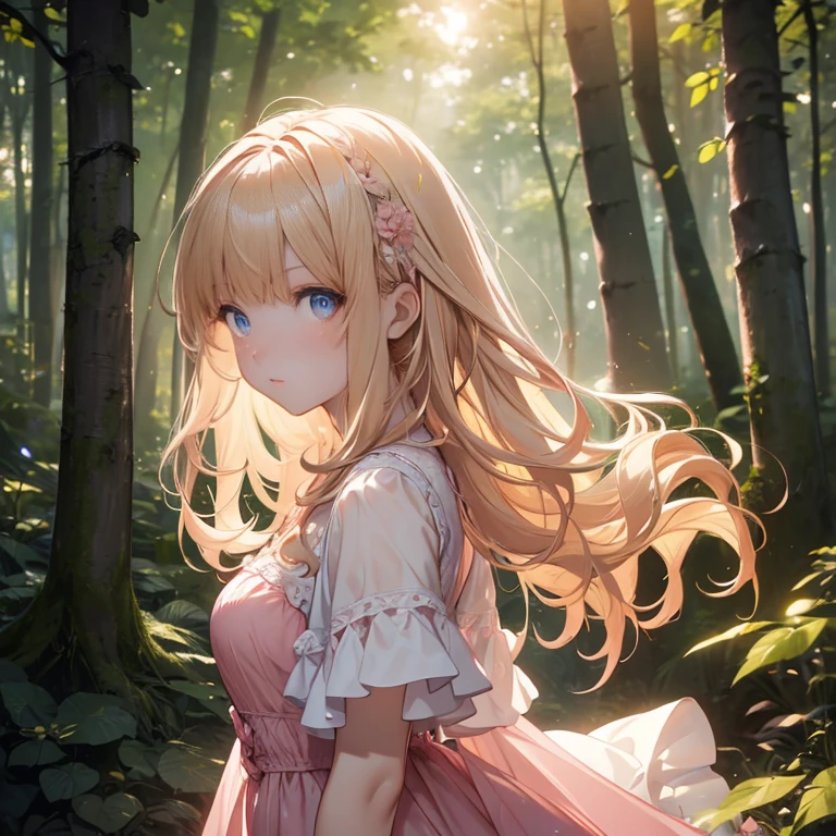 (8k), (masterpiece), (best quality), (super details), (award winning), (realistic), lens flare, glowing light, woman in a pink dress standing in the woods, (photography), modeling shoot, beautiful girl, (beautiful face:0.8), slender blonde girl, fashion photography portrait, pale skin curly blond hair