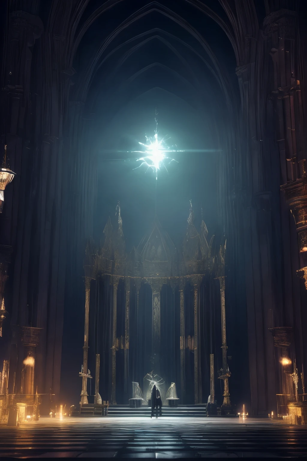 (best quality,4k,8K,high resolution,masterpiece:1.2),Dark Fantasy,Dark Souls-like atmosphere,Dynamic combat boss battles,Delicate atmosphere,Scene in the moonlight,Two swords,grim atmosphere,cathedral,refuge,Inside the temple,altar