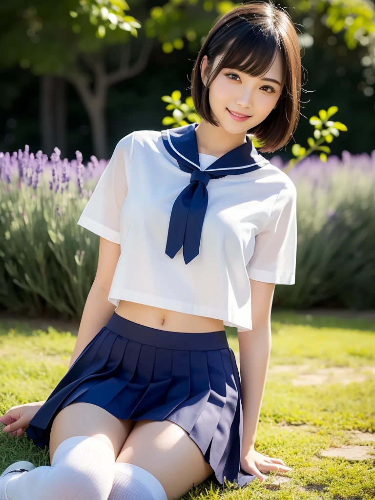 (highest quality:1.5)、(Realistic:1.5)、(1 person:1.5)、Very detailed、High resolution、8k、 very large round breasts、Natural color lips、Cute Smile、Japanese women、20-year-old girl、Beautiful and elegant face、Perfect and beautiful face、Balanced big eyes、Brunette eyes、Beautiful and elegant face、Natural double eyelids、Natural Bangs、Beautiful thin nose、Beautiful Skin、(Medium Bob Hair)、Natural Bangs、Perfect and beautiful face、Slim face and figure、Look at the viewers、Serafuku 、School Sailor Uniform、White short-sleeved translucent blouse shirt, navy pleated micro miniskirt、Knee-high socks、red sailor knot scarf、 Beautiful navel、Open the navel、Wearing a school sailor uniform that shows her navel、High-angle composition、(Staring at the camera with a sweet smile)、Bright lighting、Professional Lighting、Forward lighting、Beautiful feet:1.2、Smooth Skin、Slim Body、Slim waistline、slim thin thighs、Sit on the ground、Lavender Fields、Lavender blooming hill、