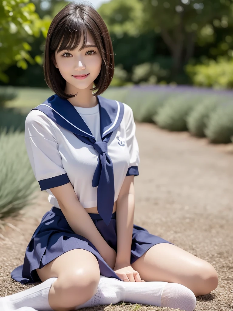 (highest quality:1.5)、(Realistic:1.5)、(1 person:1.5)、Very detailed、High resolution、8k、 very large round breasts、Natural color lips、Cute Smile、Japanese women、20-year-old girl、Beautiful and elegant face、Perfect and beautiful face、Balanced big eyes、Brunette eyes、Beautiful and elegant face、Natural double eyelids、Natural Bangs、Beautiful thin nose、Beautiful Skin、(Medium Bob Hair)、Natural Bangs、Perfect and beautiful face、Slim face and figure、Look at the viewers、Serafuku 、School Sailor Uniform、White short-sleeved translucent blouse shirt, navy pleated micro miniskirt、Knee-high socks、red sailor knot scarf、 Beautiful navel、Open the navel、Wearing a school sailor uniform that shows her navel、High-angle composition、(Staring at the camera with a sweet smile)、Bright lighting、Professional Lighting、Forward lighting、Beautiful feet:1.2、Smooth Skin、Slim Body、Slim waistline、slim thin thighs、Sit on the ground、Lavender Fields、Lavender blooming hill、