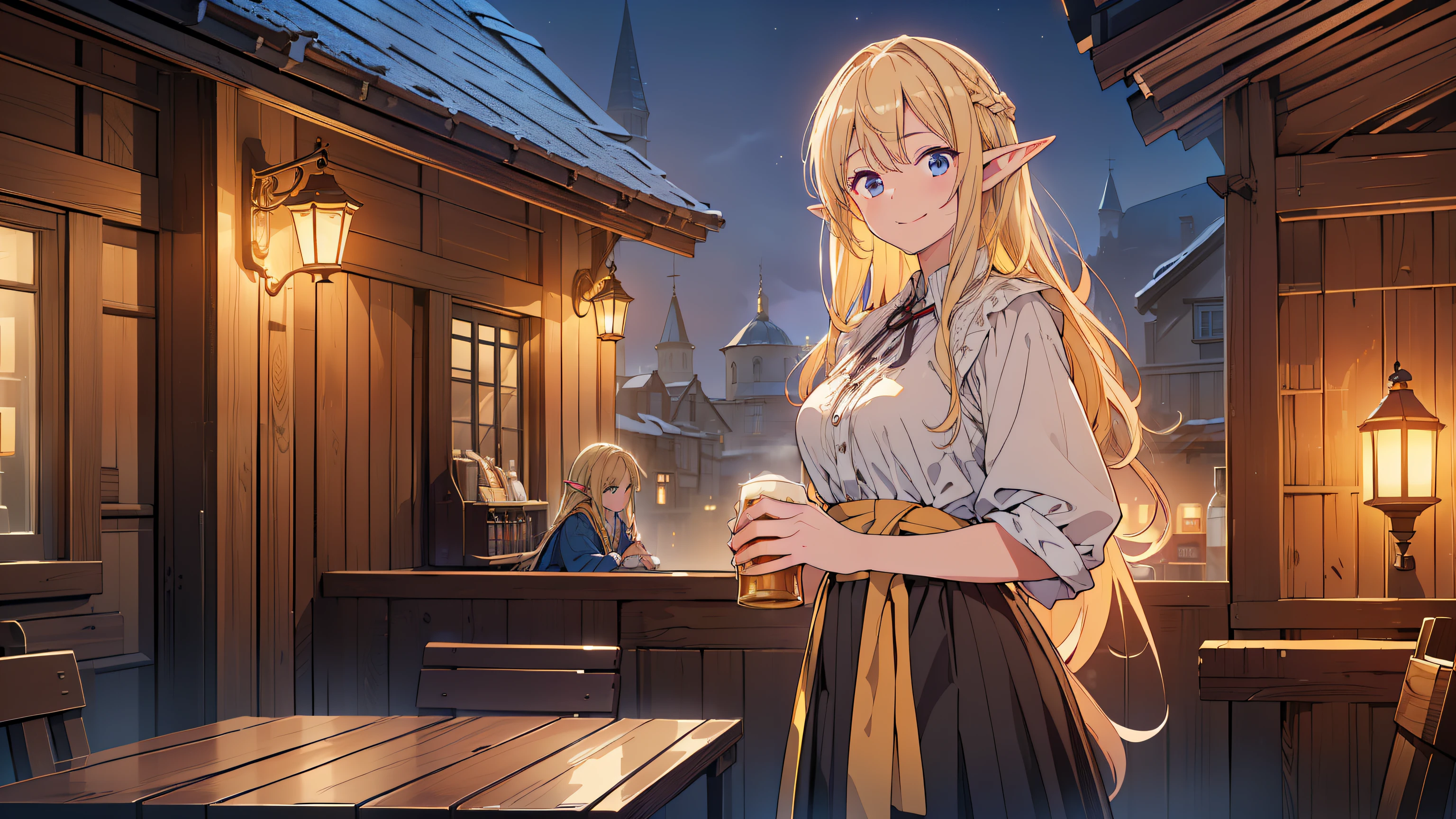 ((Top quality, 4k, 8k, high resolution, masterpiece: 1.2))), (super detailed), (realistic), (photorealistic), (photorealistic: 1.37), (HDR, UHD), (studio (lighting), ultra-fine drawing, sharp focus, physically based rendering, highly detailed, professional, vibrant colors, fantasy, medieval europe, tavern, old tavern in the countryside, seating, (((night))), (((dim))), medieval clothing, citizen's rags, long skirt, smile, girl clerk made of wood carrying beer mugs in both hands, long hair, blonde, elf, pointed ears,