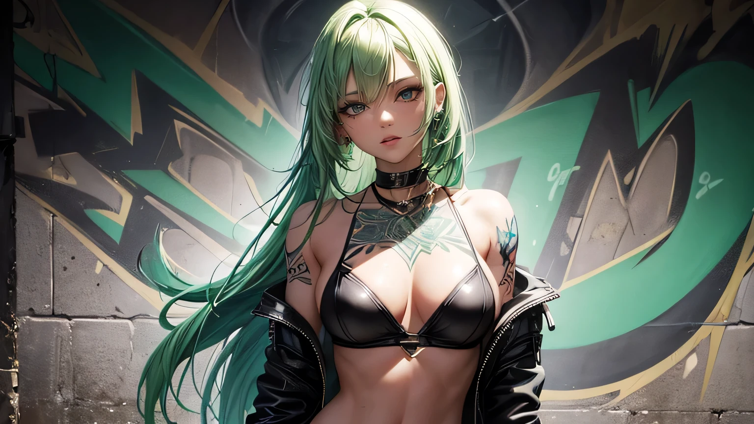 Sexy woman,Beautiful light green hair Movie lighting, Ultra-high resolution, Accurate, Super detailed, Textured skin, High detail, highest quality, 8k,Thin bangs, Detailed Hair,Focus on the face,Graffiti WallHIP-HOP Fashion,Ripped jeans,Alley,Oblique angle,Tribal Tattoos,