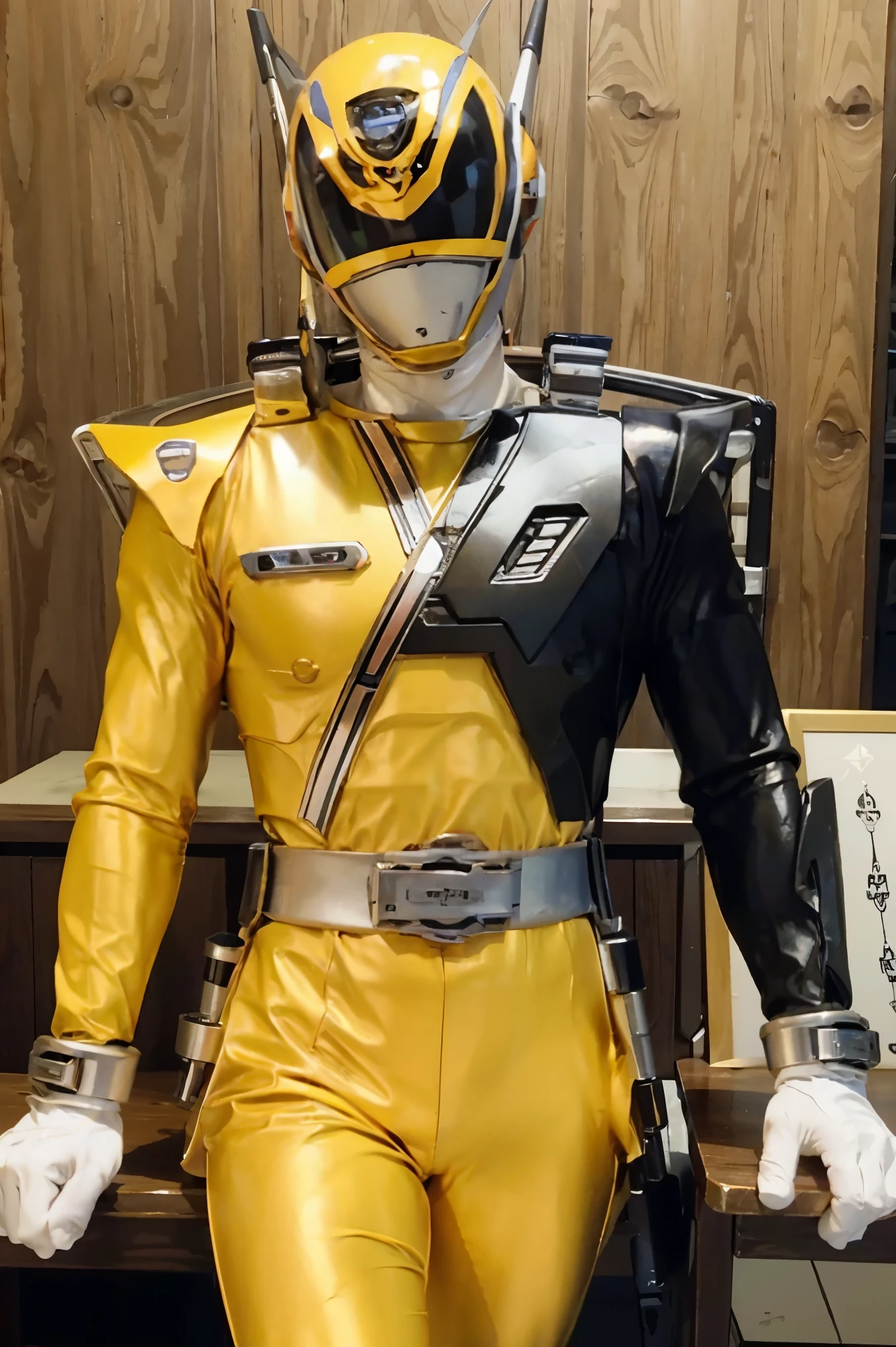 Fantasy background, cafe rpg style, empty chair, table, set of tea glass, (power rangers)), One guy、yellow costume, Solo, ((fit figure)), (Anatomically correct), Cowboy shot, masked face, guns, muscular build