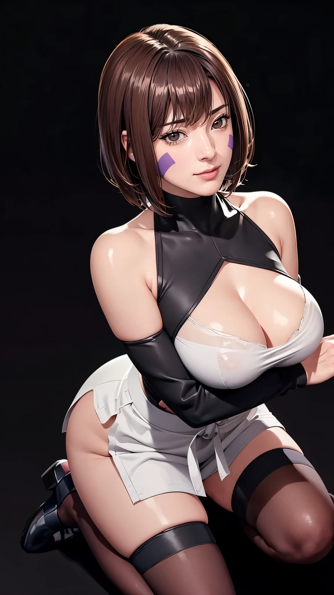 （（（完美figure，figure，solo， White and tender skin，（（（Cyberpunk，black shirt，bike shorts，long sleeves，waist apron，toeless footwear，black thighhighs））），（（（TsunadeLora,short hair，brown hair，facial mark，brown eyes，））），((masterpiece)),high resolution, ((Best quality at best))，masterpiece，quality，Best quality，（（（ Exquisite facial features，Looking at the audience,There is light in the eyes，(（（Smile，confidence））），型figure:1.7））），（（（Light and shadow，Huge breasts））），（（（Looking at the camera，black background，)）））