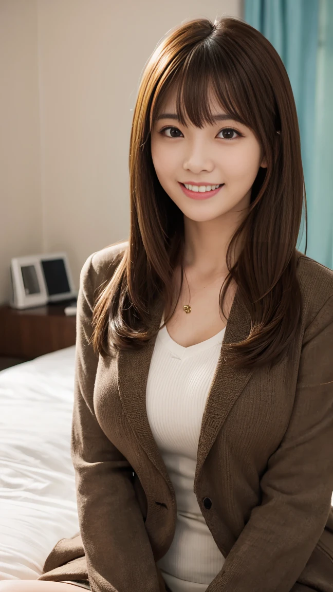 highest quality,8k,detailed,Busty women,One-Room Apartment,Brown hair with bangs,smile,Take off your suit