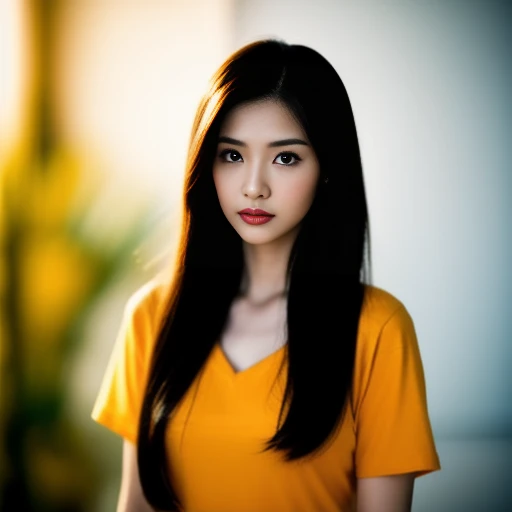 Beautiful Thai woman, 25 years old, with a clearly focused face., His long hair flowed up.,Chest measurement 36 inches, dark orange t-shirt, Various postures, Looking straight at you intently, with red flowers, ชนบทท้องฟ้ากลางคืนสว่างWarm light,) Warm light,)  professional lighting, Sony A7R4, 50mm sessile lens. Warm light ถ่ายด้วยกล้องคุณภาพสูง 45,000,000,000,Pixels, realistic light colors,