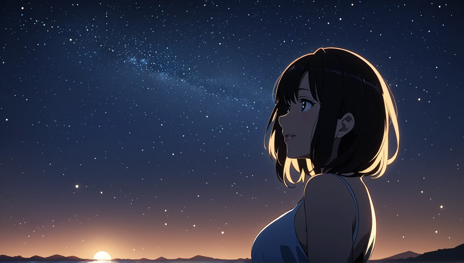 Mature summer night,starry sky,dark light,a mature girl,anime style,high quality