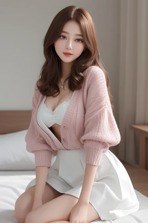 ((highest quality)), ((masterpiece)), (detailed), SLR photography、whole body、wallpaper、Attention to detail、Attention to detail、Serious look、Perfect proportions、Tight waist、Chestnut Hair、Beautiful Hair、Beautiful Skin、Beautiful white skin、Glossy pink lips、russian actresasterpiece:1.3), Best image quality: 1.3, Rough hairstyles、Cleavage:1.2、Bust Size:1.2、Actively moving、loose knitwear、skirt、Leaning forward