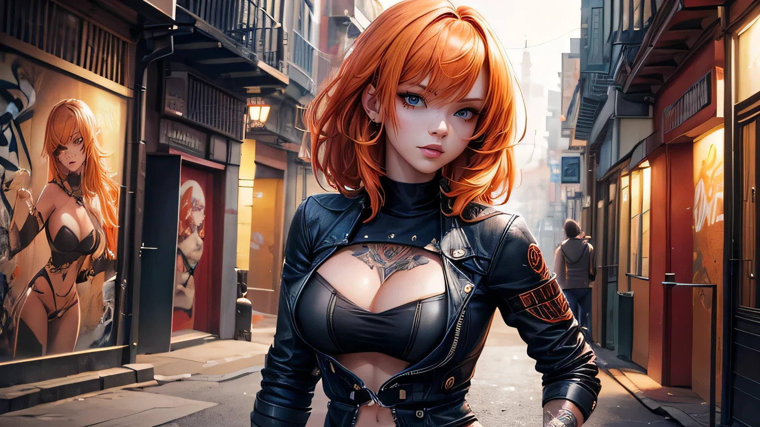 Sexy woman,Beautiful light orange hair Movie lighting, Ultra-high resolution, Accurate, Super detailed, Textured skin, High detail, highest quality, 8k,Thin bangs, Detailed Hair,Focus on the face,Graffiti WallHIP-HOP Fashion,Ripped jeans,Alley,Oblique angle,Tribal Tattoos,