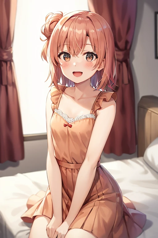 ((highest quality)), ((masterpiece)), (be familiar with), Perfect Face, indoor, Bedroom, Watching the audience,
One woman, Yuigahama Yui,
Open Mouth, Ecstatic expression, blush, smile,
Small breasts, Flat Chest, Young Girl, , , Girl,
Short Hair, Salmon-colored hair, Salmon-colored eyes, Side Pony,
Leg spread,