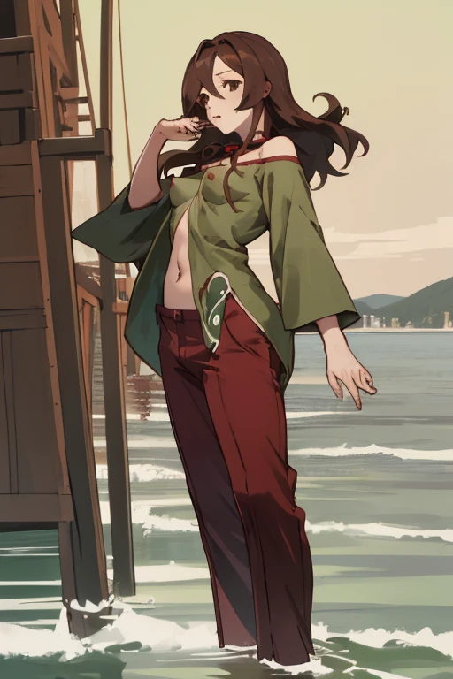 Lake Izu,((highest quality)), ((masterpiece)), (be familiar with),{{nsfw}},One female,first round,Long Hair, Brown Hair, Brown eyes, Green Shirt,(Small breasts), Hair on one eye, Off the shoulder, Exposing shoulders,((Erect nipples)),Red pants