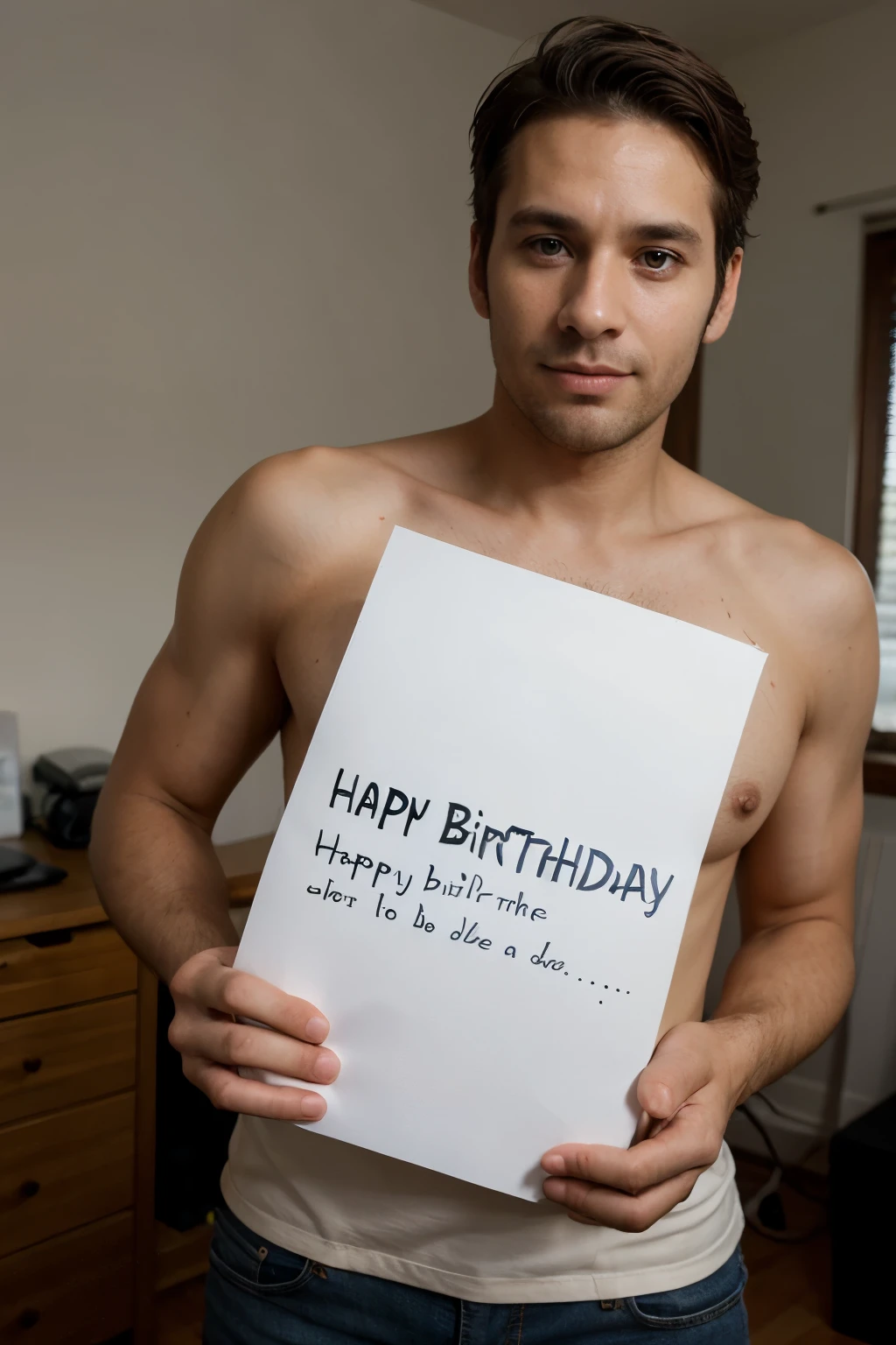 35-year-old man in a somewhat messy room in Brazil holding a white bond sheet with writing "happy birthday, boring!"