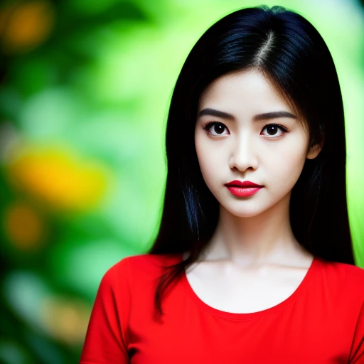 Beautiful Thai woman, 25 years old, with a clearly focused face., His long hair flowed up.,Chest measurement 38 inches., red t-shirt, dark orange, Various postures, Looking straight at you intently, with red flowers, ชนบทท้องฟ้ากลางคืนสว่างWarm light,) Warm light,) professional lighting, Sony A7R4, 50mm sessile lens. Warm light ถ่ายด้วยกล้องคุณภาพสูง 45,000,000,000,Pixels, realistic light colors,