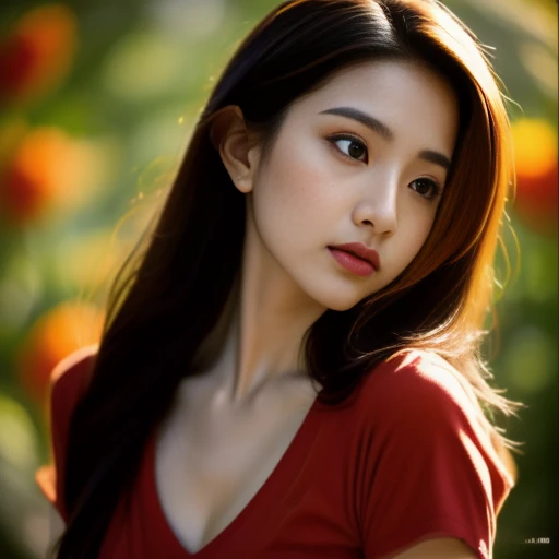 Close-up of a Harafe woman with a round face., long hair, long hairสลวยปลิวขึ้นผมหางม้ายาวไลฟ์long hairมาก,Wear a green shirt, Looking straight at the viewer, young asian woman person with round face, Thai anime, long hairสลวยBig eyes,Big eyes,Double eyelids, black eyes, very large breasts, 38 inches, The chest is round and curved and shiny., abdominal muscles, perfect body, Wear a dark round neck t-shirt., Bright colors, expensive silk, outdoor, Warm light, The morning sun shines beautifully., (digital painting, HDR, high contrast), straight face, face focus), (Highest quality),(Masterpiece:1.3),(sharp focus:1.2),glowing face, (Red cheeks:1.4), ยืนเดินoutdoor, The evening sun shines beautifully and realistically.,