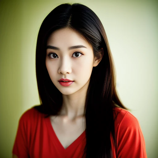 Beautiful Thai woman, 25 years old, with a clearly focused face., His long hair flowed up.,Chest measurement 38 inches., red t-shirt, dark orange, Various postures, Looking straight at you intently, with red flowers, ชนบทท้องฟ้ากลางคืนสว่างWarm light,) Warm light,) professional lighting, Sony A7R4, 50mm sessile lens. Warm light ถ่ายด้วยกล้องคุณภาพสูง 45,000,000,000,Pixels, realistic light colors,
