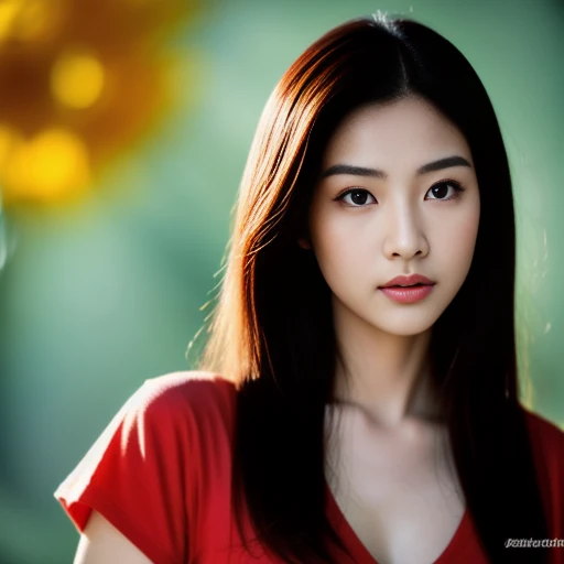 Beautiful Thai woman, 25 years old, with a clearly focused face., His long hair flowed up.,Chest measurement 38 inches., red t-shirt, dark orange, Various postures, Looking straight at you intently, with red flowers, ชนบทท้องฟ้ากลางคืนสว่างWarm light,) Warm light,) professional lighting, Sony A7R4, 50mm sessile lens. Warm light ถ่ายด้วยกล้องคุณภาพสูง 45,000,000,000,Pixels, realistic light colors,