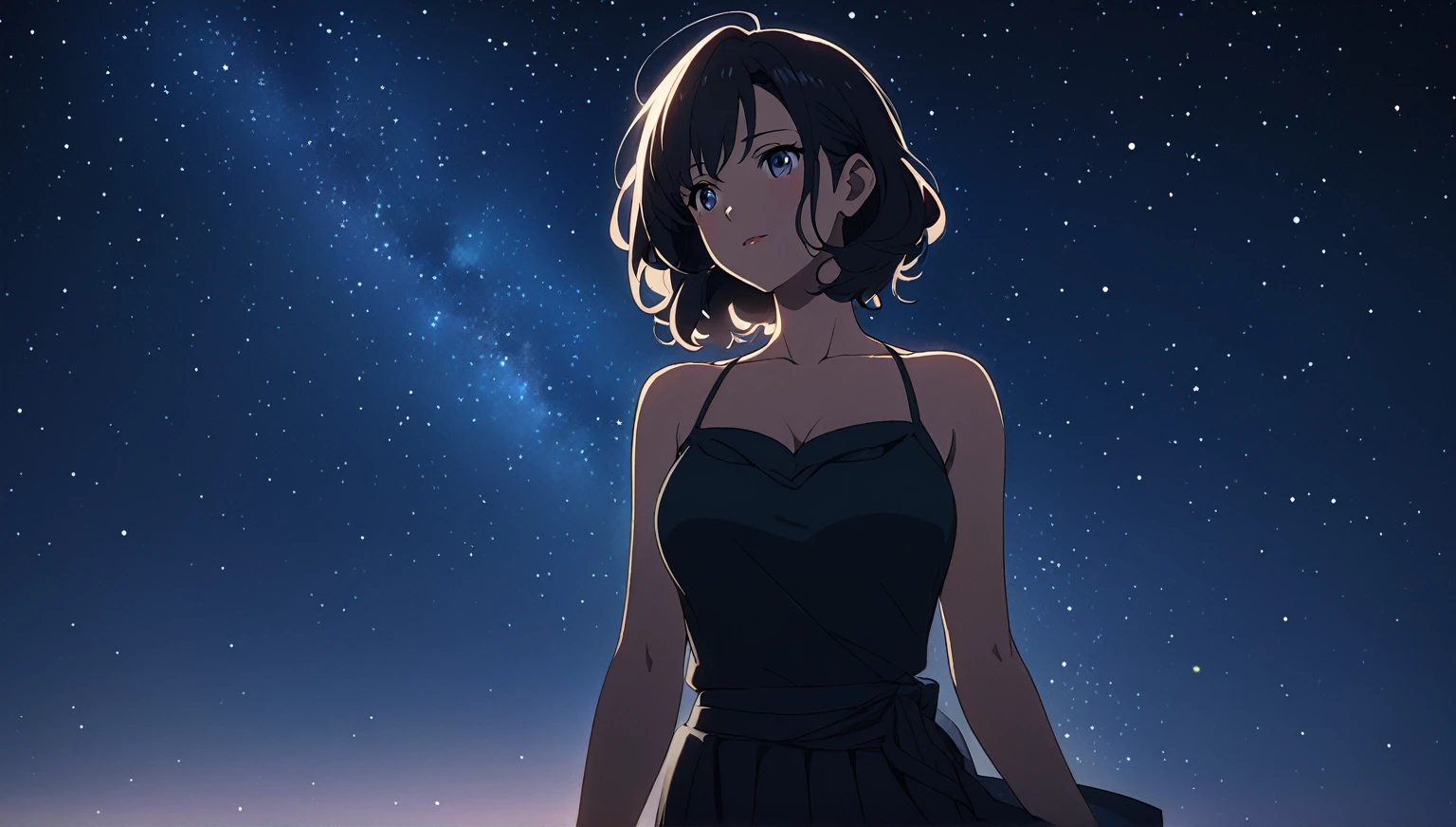 summer night,starry sky,dark light,a mature girl,anime style,high quality