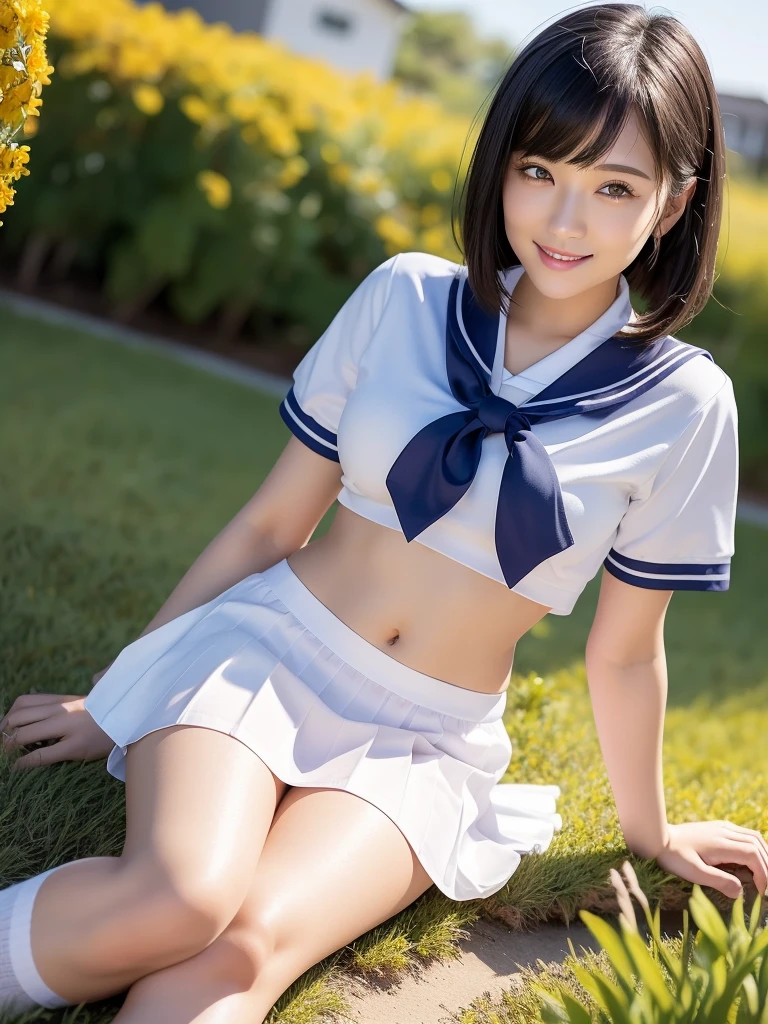 (highest quality:1.5)、(Realistic:1.5)、(1 person:1.5)、Very detailed、High resolution、8k、 very large round breasts、Natural color lips、Cute Smile、Japanese women、20-year-old girl、Beautiful and elegant face、Perfect and beautiful face、Balanced big eyes、Brunette eyes、Beautiful and elegant face、Natural double eyelids、Natural Bangs、Beautiful thin nose、Beautiful Skin、(Medium Bob Hair)、Natural Bangs、Perfect and beautiful face、Slim face and figure、Look at the viewers、Serafuku 、School Sailor Uniform、White short-sleeved translucent blouse shirt, navy pleated micro miniskirt、Knee-high socks、red sailor knot scarf、 Beautiful navel、Open the navel、Wearing a school sailor uniform that shows her navel、her red underwear is exposed 、High-angle composition、(Staring at the camera with a sweet smile)、Bright lighting、Professional Lighting、Forward lighting、Beautiful feet:1.2、Smooth Skin、Slim Body、Slim waistline、slim thin thighs、Sit on the ground、Lavender Fields、Lavender blooming hill、