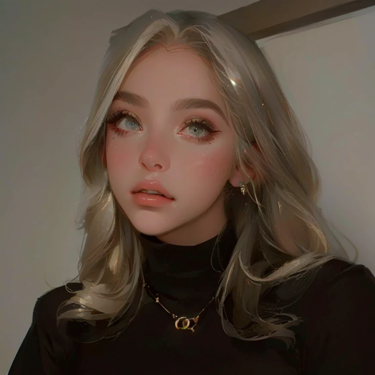 (Obra Prima, Melhor Qualidade, 4K, Realista), Litografia realista, blonde woman with long hair wearing a black turtleneck sweater, Kailee Mandel, foto profissional, imagem frontal, inspirado em Ion Andreescu, de 15 anos, foto de perfil profissional, profile picture with headshot, foto de jovem, cabelo loiro e olhos grandes, imagem de perfil, embaralhamento dos namorados, 16 anos de idade, Lady Gaga