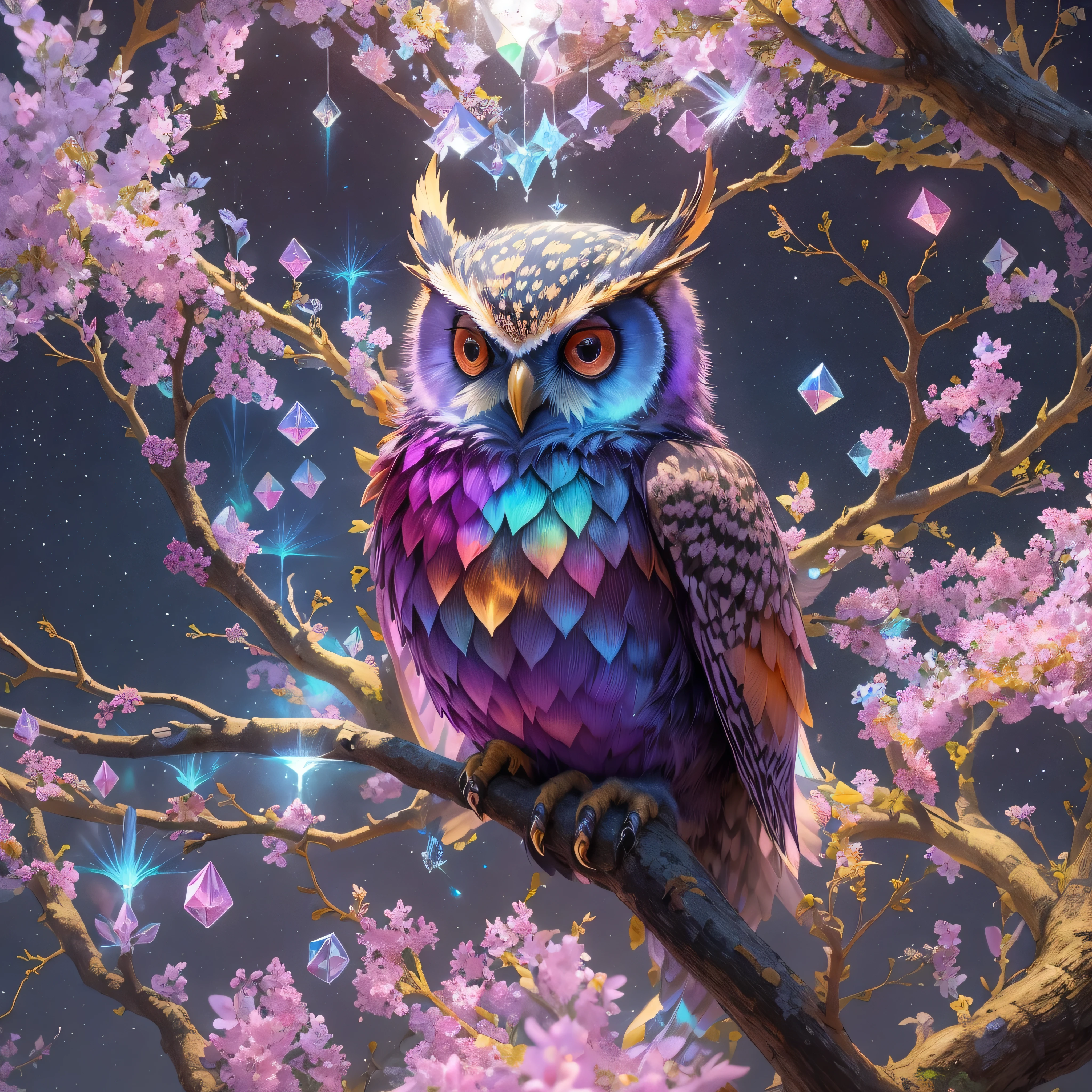 Full body close-up portrait of Ribcagel. (A crystal owl),(Made of rainbow crystals),bioluminiscent creature,(peach blossom),(On delicate branches)、Obras de arte intrincadas . rendering by octane, trending on artstationh,T symmetrical artwork. the night,starrysky,starlights, Cinematic, ultra-realistic realism, High detail, rendering by octane, 32K, Vibrant colors, Broken glass effect, No background, Stunning, Something that doesn't even exist, Fabulous existence, energy, molecular, textured, Iridescent colors and luminescent scales, Pure perfection, divine presence, Unforgettable, Impressive, volumettic light, has cleavage, Rays, Vivid color reflections