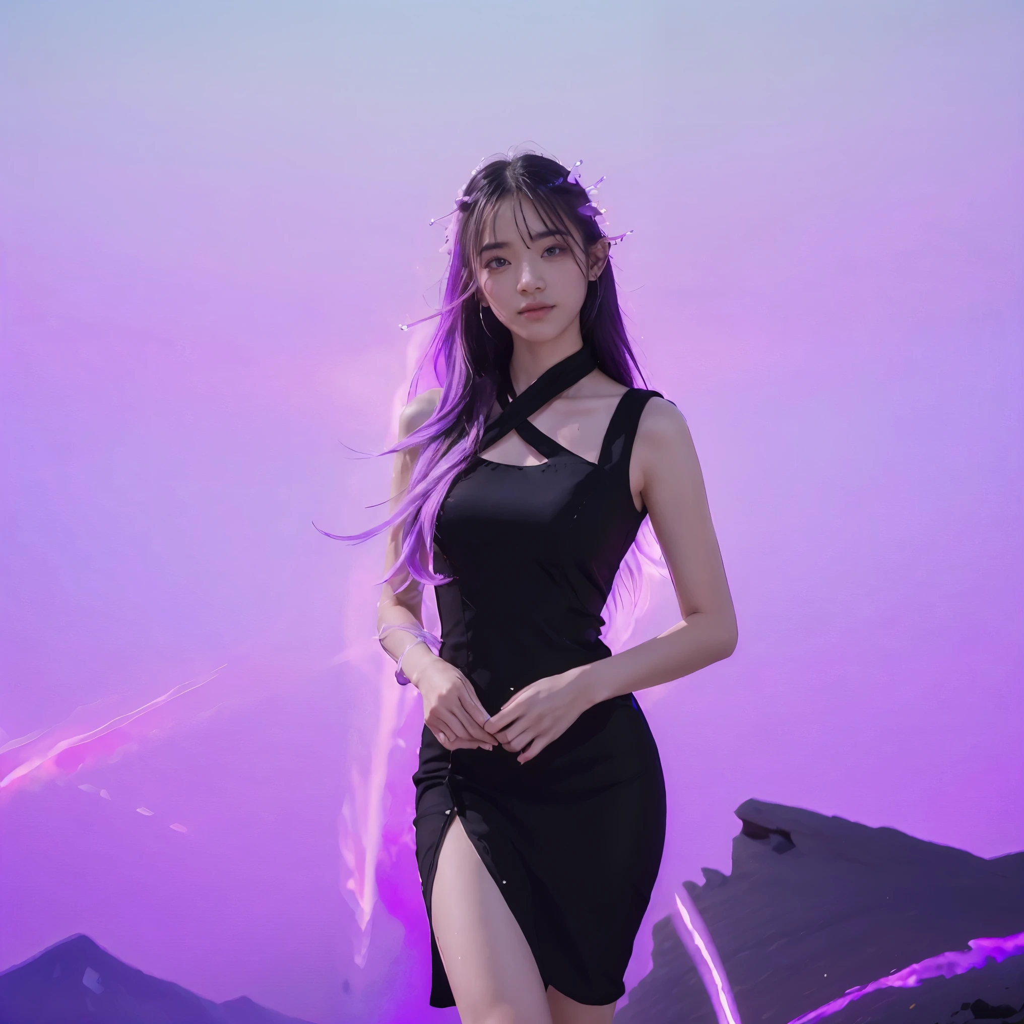 ((Masterpiece, best quality, Extremely detailed), Volumetric light, surrounding occlusion, colorful, glow), boys and girls, (Long hair, white-purple gradient), radius, Aura, sacred, goddess,, (black dress:1.3),
outdoor, sunset, sky, cloud, space, ((Shoot a few shots.)), aman,agirl, holding hand,