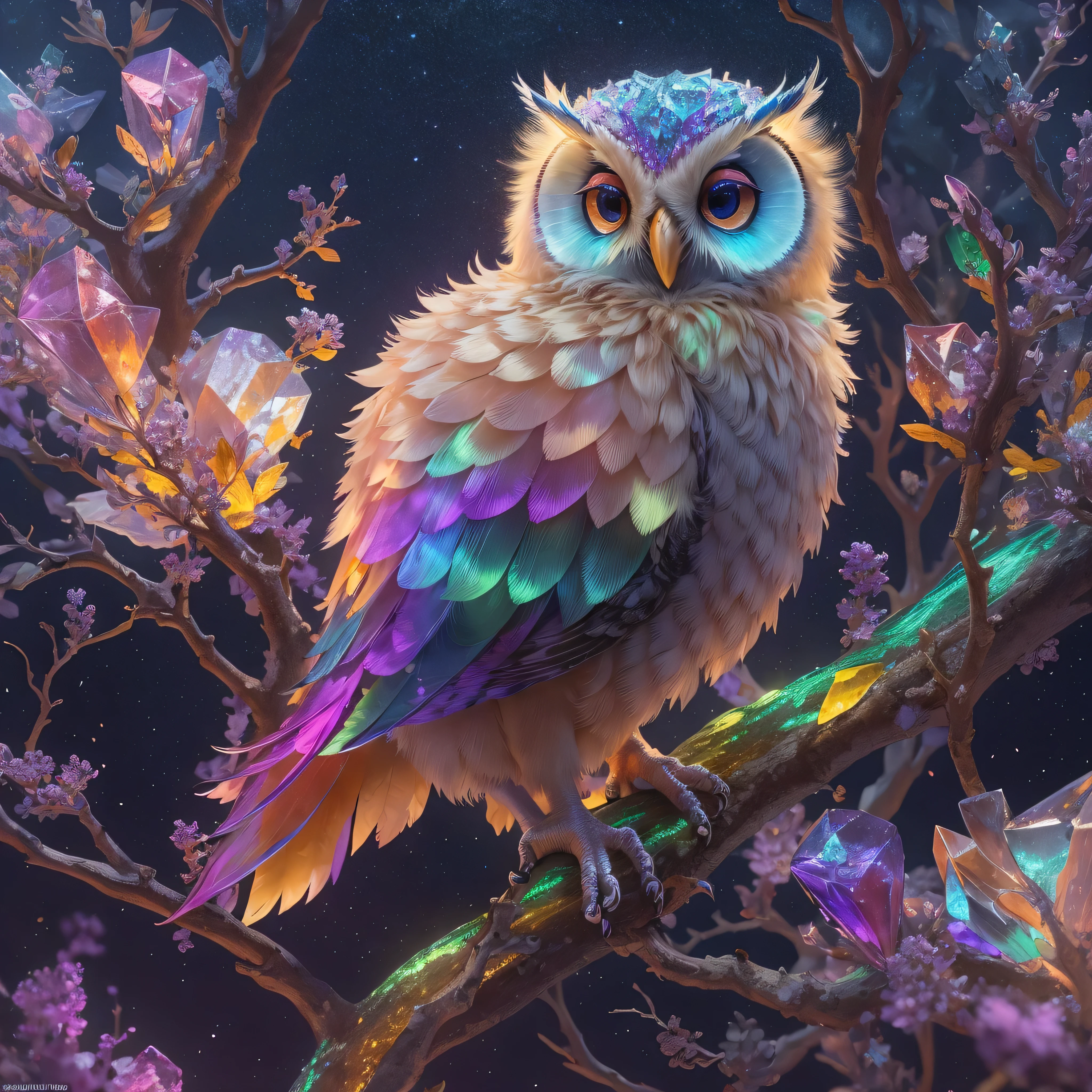 Full body close-up portrait of Ribcagel. (A crystal owl)，(Made of rainbow crystals)，bioluminiscent creature,(peach blossom),(On delicate branches)、Obras de arte intrincadas . rendering by octane, trending on artstationh,T symmetrical artwork. the night,starrysky,starlights, Cinematic, ultra-realistic realism, High detail, rendering by octane, 32K, Vibrant colors, Broken glass effect, No background, Stunning, Something that doesn't even exist, Fabulous existence, energy, molecular, textured, Iridescent colors and luminescent scales, Pure perfection, divine presence, Unforgettable, Impressive, volumettic light, has cleavage, Rays, Vivid color reflections