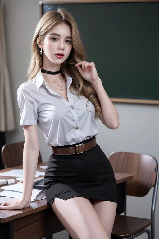 (Masterpiece, best quality, alone, รายละเอียดcomplex, Chromatic aberration), realistic, ((Moderate breath)), hair in one eye,purple eyes, earring, sharp eyes, choker, (symmetrical eyes),(Perfect symmetrical body),Photo of a beautiful 24 year old girl, Beautiful and charming with contemporary fashion paintings as well......, looking at the audience, ((in the classroom background)), (1 Girl),(black short skirt), (white short sleeve, Form fitting shirt., Unbuttoning the buttons, Revealing a little breast.Wear it with a blue short-sleeved lab coat...), ((A short black pencil skirt with a deep slit on the side....)), sugar belt, ((Put your hands down.)),Copper blonde hair, Bob, round chin, Art lens 85mm, Sharp focus, High resolution 8K, Crazy details, complex, elegant,sitting on the study table Lift one leg to eye level..., legs slightly apart., dynamic gesture, ((Dress in sharp clothes.., .))