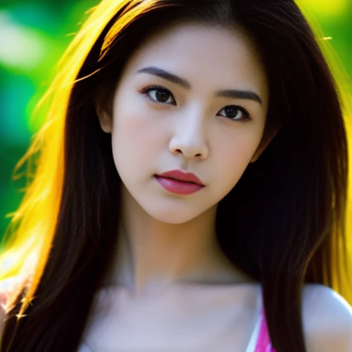 Beautiful Thai woman, 25 years old, with a clearly focused face., His long hair flowed up.,Large chest measures 38 inches around the chest., red t-shirt, dark orange, Various postures, Looking straight at you intently, with red flowers, ชนบทท้องฟ้ากลางคืนสว่างWarm light,) Warm light,) professional lighting, Sony A7R4, 50mm sessile lens. Warm light ถ่ายด้วยกล้องคุณภาพสูง 45,000,000,000,Pixels, realistic light colors,