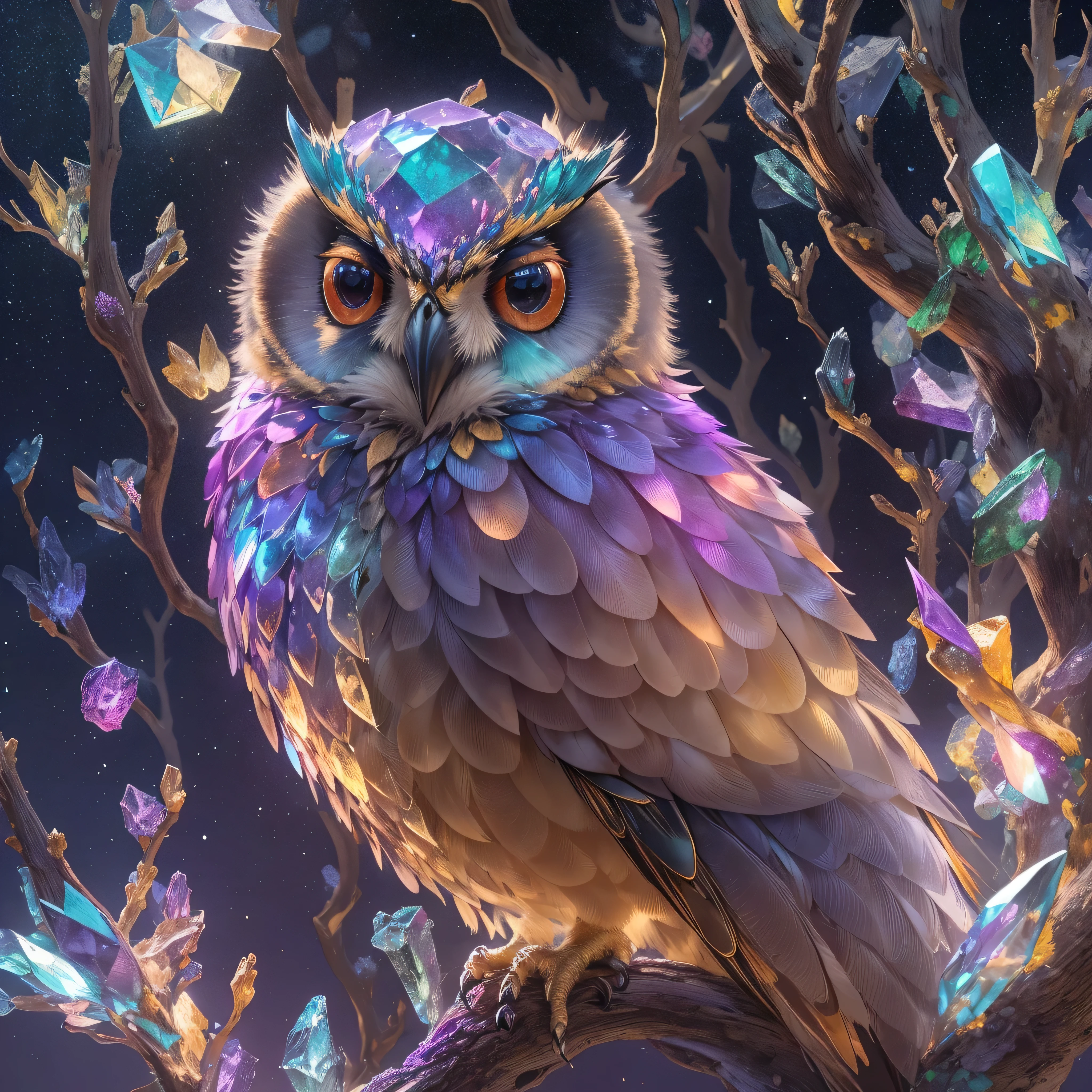 Full body close-up portrait of Ribcagel. (A crystal owl)，(Made of rainbow crystals)，bioluminiscent creature,(peach blossom),(On delicate branches)、Obras de arte intrincadas . rendering by octane, trending on artstationh,T symmetrical artwork. the night,starrysky,starlights, Cinematic, ultra-realistic realism, High detail, rendering by octane, 32K, Vibrant colors, Broken glass effect, No background, Stunning, Something that doesn't even exist, Fabulous existence, energy, molecular, textured, Iridescent colors and luminescent scales, Pure perfection, divine presence, Unforgettable, Impressive, volumettic light, has cleavage, Rays, Vivid color reflections