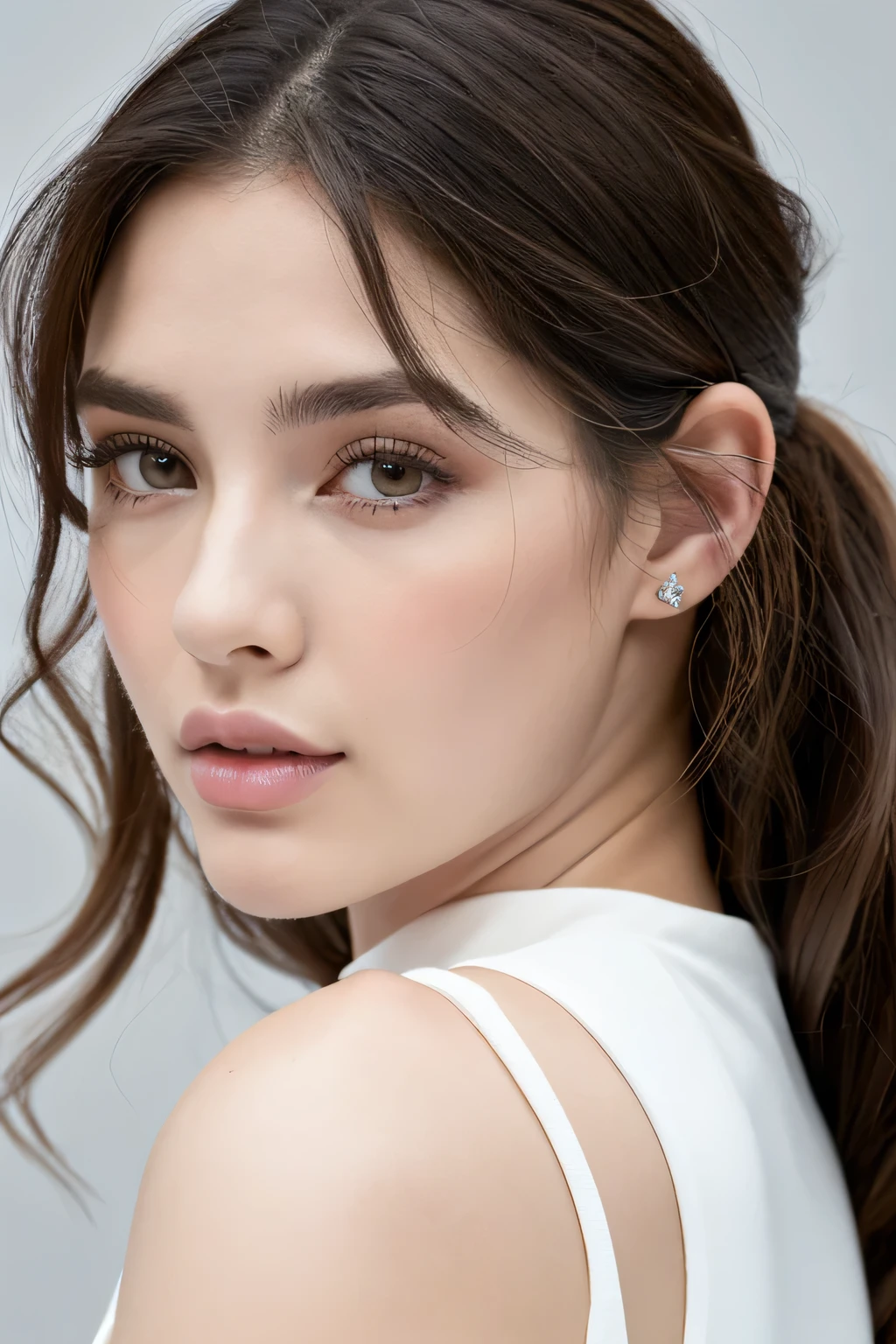 ((mejor calidad)), ((obra maestra)), (detallado), cara perfecta, mujer, coreana, joven, pale skin, white eyelashes, cejas blancas, ojos grises, ((cabello blanco)), cuerpo palido con ligeros tonos rosados, medium long nails, al natural, pecho medio grande, small waist, caderas grandes, figura de reloj de arena, cabello rizado blanco, con pecas en el rostro, big eyelashes, labios rozados, labios carnosos, dientes blancos, common standing pose looking at the camera, vistiendo un uniforme, camisa de manga larga blanca, black pants.