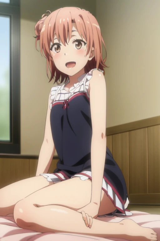 ((highest quality)), ((masterpiece)), (be familiar with), Perfect Face, indoor, Bedroom, Watching the audience,
One woman, Yuigahama Yui,
Open Mouth, Ecstatic expression, blush, smile,
Small breasts, Flat Chest, Young Girl, , , Girl,
Short Hair, Salmon-colored hair, Salmon-colored eyes, Side Pony,
Leg spread,