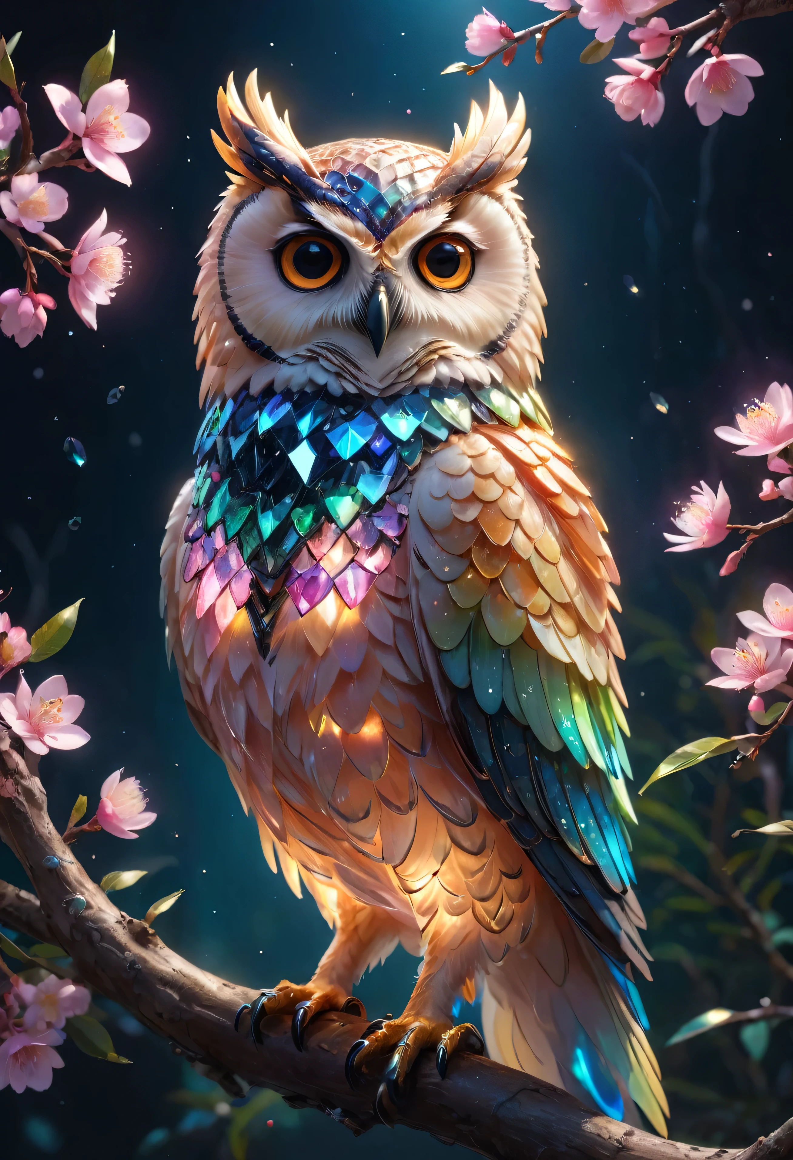 Full body close-up portrait of Ribcagel. (A crystal owl),(Made of rainbow crystals),bioluminiscent creature,(peach blossom),(On delicate branches)、Obras de arte intrincadas . rendering by octane, trending on artstationh,T symmetrical artwork. the night,starrysky,starlights, Cinematic, ultra-realistic realism, High detail, rendering by octane, 32K, Vibrant colors, Broken glass effect, No background, Stunning, Something that doesn't even exist, Fabulous existence, energy, molecular, textured, Iridescent colors and luminescent scales, Pure perfection, divine presence, Unforgettable, Impressive, volumettic light, has cleavage, Rays, Vivid color reflections
