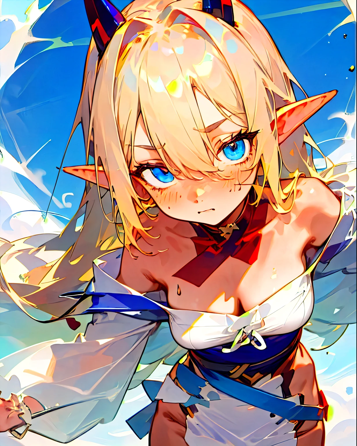 anime girl, elf ears, blond hair, blue eyes, cute expression, straight on face