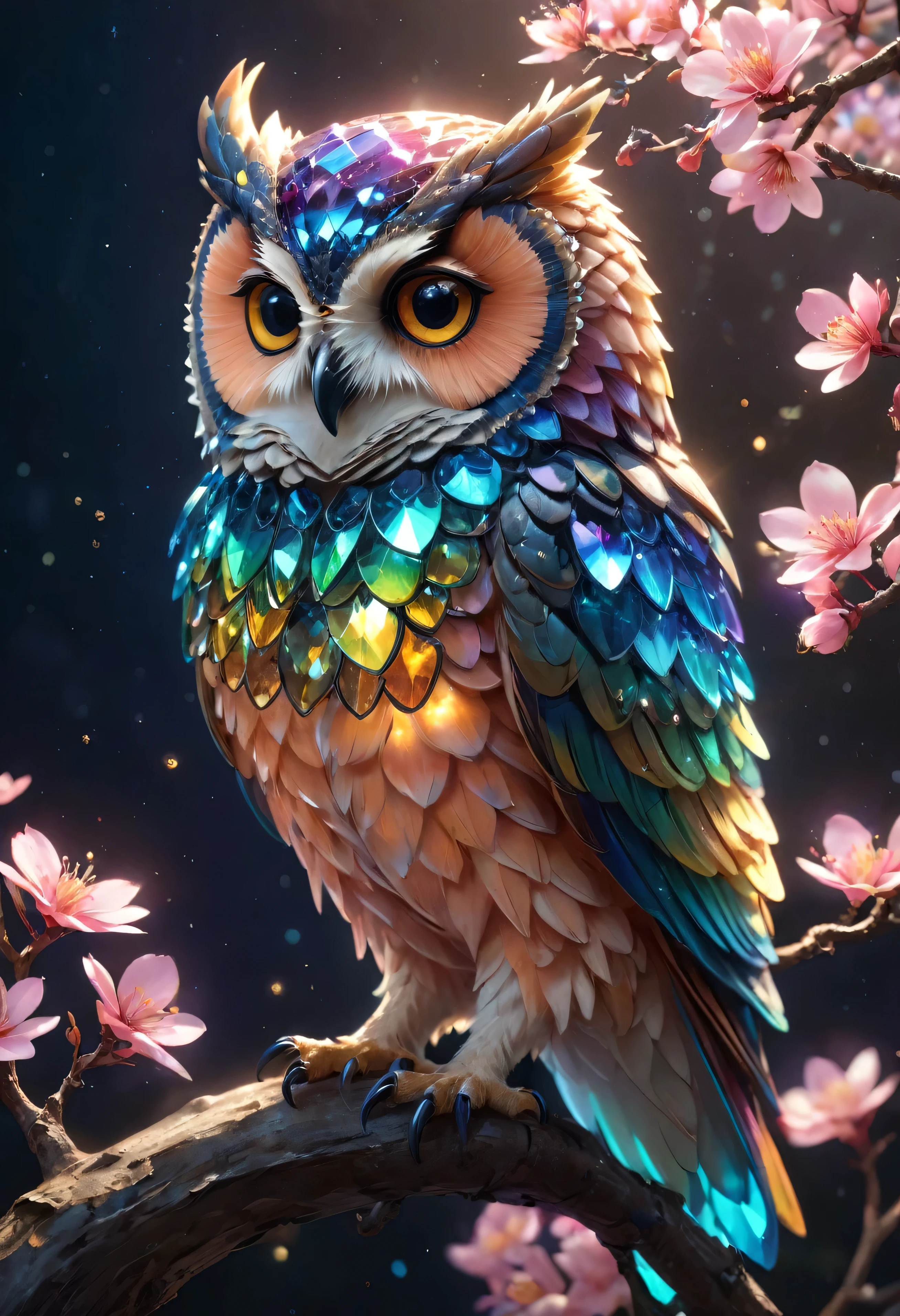 Full body close-up portrait of Ribcagel. (A crystal owl),(Made of rainbow crystals),bioluminiscent creature,(peach blossom),(On delicate branches)、Obras de arte intrincadas . rendering by octane, trending on artstationh,T symmetrical artwork. the night,starrysky,starlights, Cinematic, ultra-realistic realism, High detail, rendering by octane, 32K, Vibrant colors, Broken glass effect, No background, Stunning, Something that doesn't even exist, Fabulous existence, energy, molecular, textured, Iridescent colors and luminescent scales, Pure perfection, divine presence, Unforgettable, Impressive, volumettic light, has cleavage, Rays, Vivid color reflections