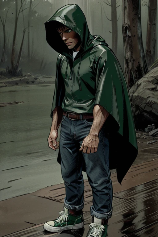 Man in Hooded poncho poncho poncho Closed Closed poncho poncho poncho Raincoat Color: Green and darkened face cap and jeans and converse sneakers Heroic Presence Serious and strong pose Rolled-up sleeves
