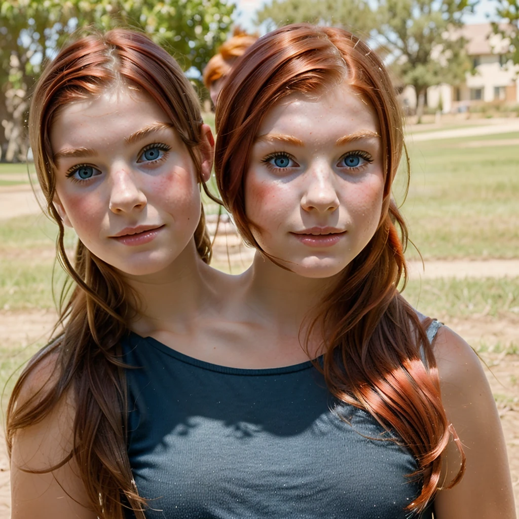 2heads, two headed girl, (mom and daughter:1.5), (one torso:1.5), (female:1.5), (redhead:1.4), (teenager:1.4), (caucasian:1.5), (two heads on one body:1.4), conjoined twins, heads side by side, one torso, young, uncomfortable, barefoot