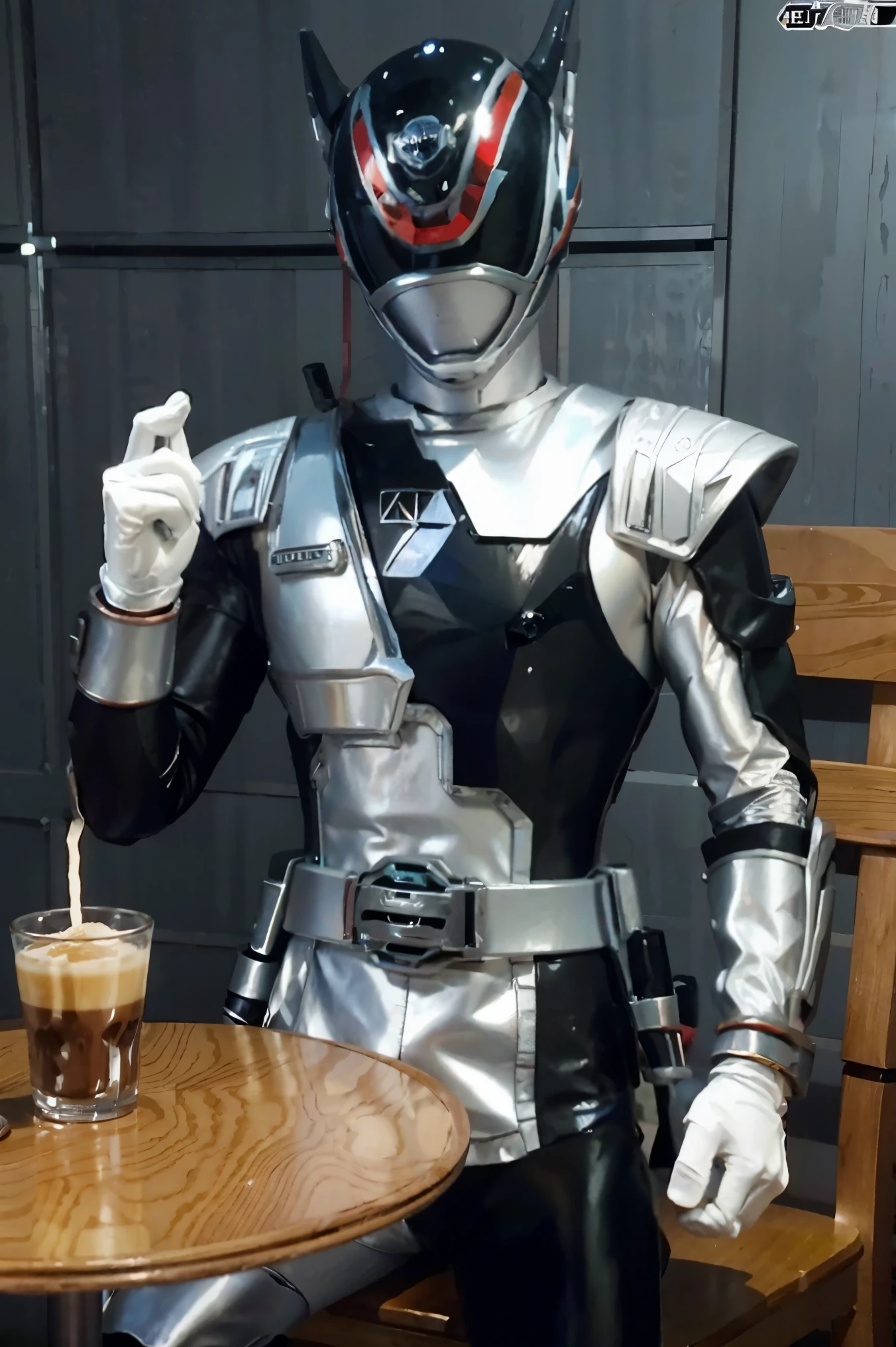 Fantasy background, cafe rpg style, empty chair, table, set of tea glass, (power rangers)), One guy、white shadow gray  costume, Solo, ((fit figure)), (Anatomically correct), Cowboy shot, masked face, guns, muscular build